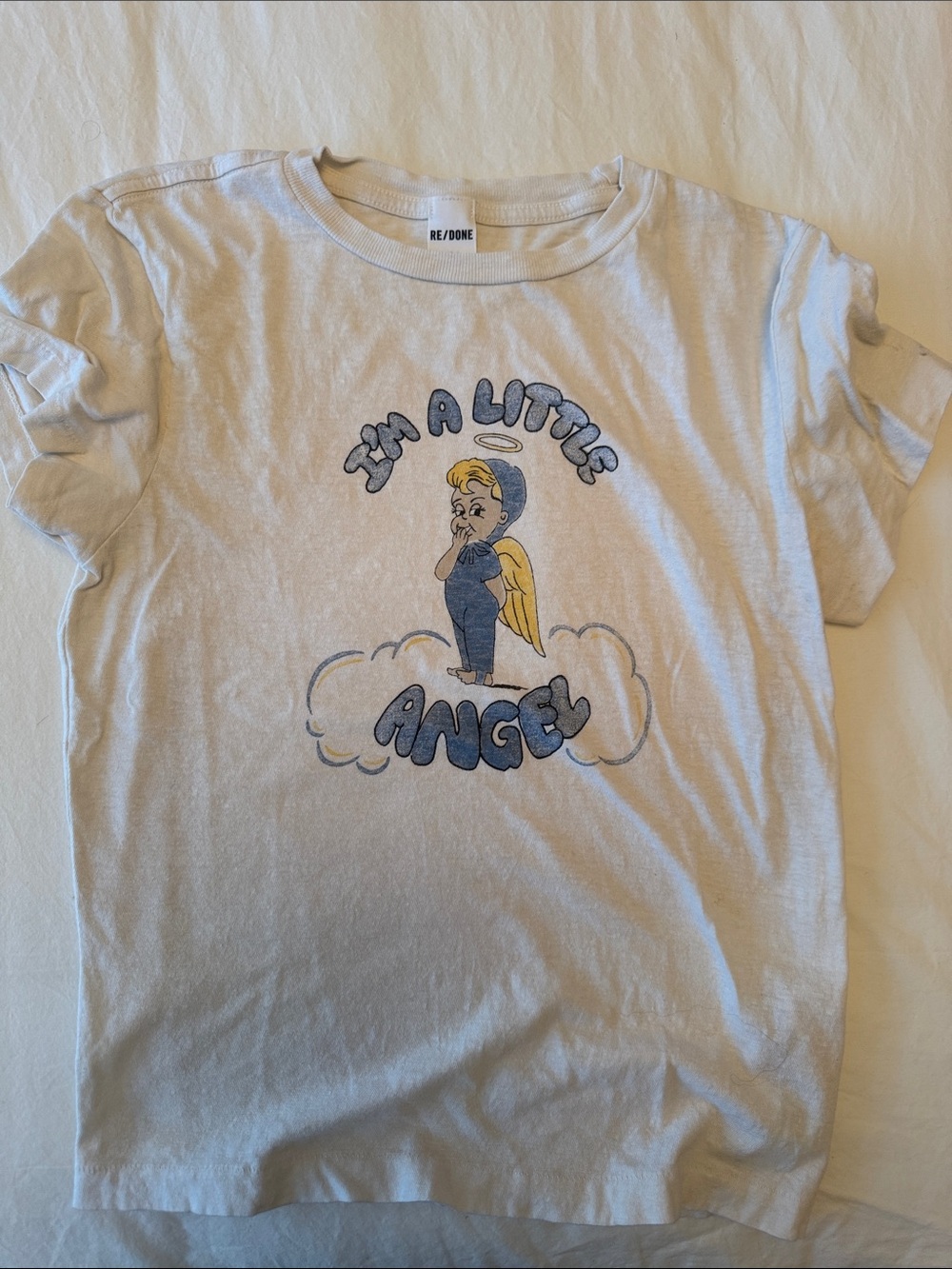 Re/Done White 'I'm A Little Angel' Graphic Tee with Blue & Yellow Art